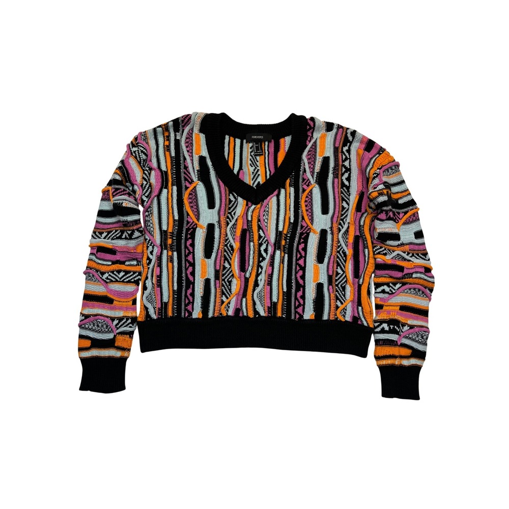 Forever 21 Multicolor 3D Textured Retro Eclectic Knit Cropped Sweater Size S